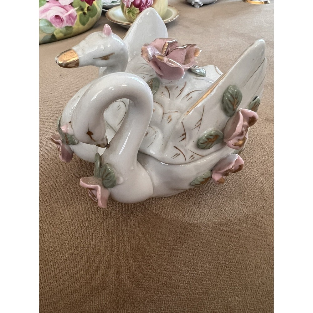 Double Swan Trinket Box White Porcelain with Pink Roses Gold Accents Vintage